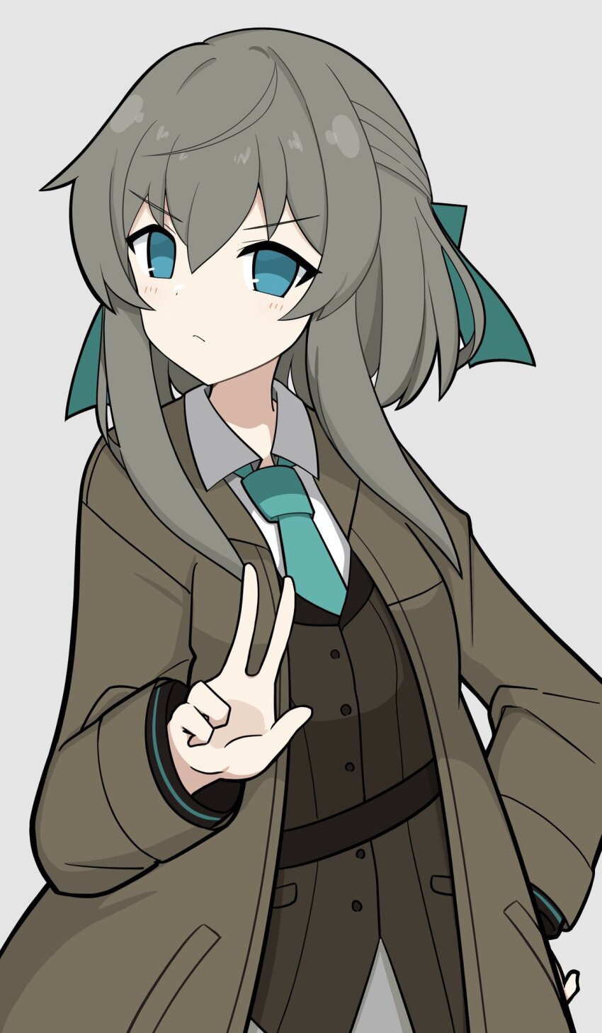 1girl blue_bow blue_eyes blue_necktie blush bow brown_jacket collared_shirt cowboy_shot dot_nose grey_hair hair_between_eyes hair_bow half_updo hand_on_own_hip highres jacket layered_clothes light_frown long_sleeves looking_at_viewer medium_hair necktie open_clothes open_jacket sentinel_girls shirt sidelocks simple_background sironuigurumi solo v-shaped_eyebrows w white_background white_shirt zvyozdochka_(sentinel_girls)