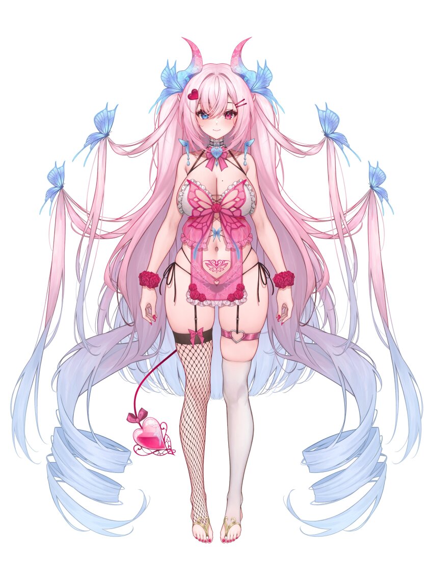 1girl absurdres asymmetrical_legwear babydoll black_panties blue_butterfly blue_hair blue_horns bow bowtie breasts bug butterfly butterfly_hair_ornament canaria_(vtuber) cleavage demon_horns demon_tail drill_hair fishnet_thighhighs fishnets flower frilled_babydoll full_body gold_trim gradient_hair gradient_horns hair_ornament hairclip heart heart-shaped_lock heart_hair_ornament heart_o-ring highres horns ijac_ray indie_virtual_youtuber insect large_breasts long_hair mismatched_legwear mole mole_on_breast multicolored_hair multicolored_horns nail_polish navel o-ring panties pelvic_curtain pink_babydoll pink_bow pink_bowtie pink_flower pink_hair pink_horns pink_nails pink_rose pointy_ears rose second-party_source see-through_clothes side-tie_panties single_fishnet_legwear solo stirrup_legwear stomach_tattoo tail tail_bow tail_ornament tattoo thighhighs toeless_legwear toenail_polish toenails underwear very_long_hair virtual_youtuber white_babydoll white_thighhighs wrist_flower