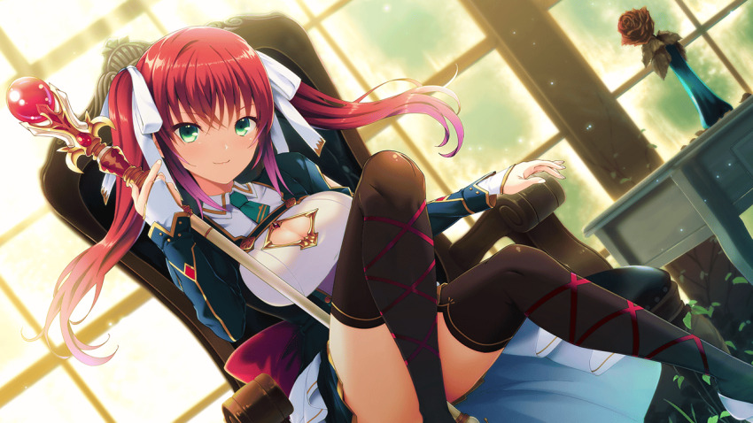 1girl akai_asaka backlighting blush breasts cleavage cleavage_cutout closed_mouth clothing_cutout collared_shirt curtains day deep_one_kyomu_to_mugen_no_fragment dutch_angle flower green_eyes green_necktie hair_ribbon holding holding_staff indoors jacket legs light_particles light_rays long_hair looking_at_viewer medium_breasts natsuhiko necktie non-web_source pink_flower pink_rose red_flower red_hair red_rose ribbon rose shirt sitting skirt sleeveless smile solo staff sunlight thighhighs thighs twintails vase weapon white_ribbon white_shirt window