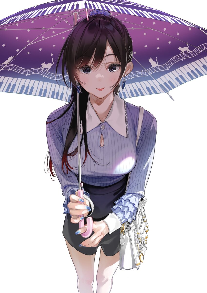 1girl bag black_eyes black_hair blue_nails collarbone cover earrings fingernails hair_over_shoulder handbag highres holding holding_umbrella jewelry kanojo_okarishimasu long_hair looking_at_viewer miyajima_reiji mizuhara_chizuru nail_polish official_art purple_umbrella simple_background smile solo textless_version umbrella white_background