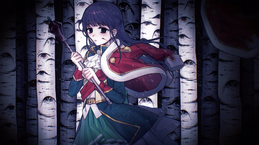 1girl ascot birch_tree black_eyes blood blood_on_face blue_jacket blush closed_mouth commentary cowboy_shot disembodied_eye empty_eyes floating_hair forest frown gold_belt gold_trim green_skirt hands_up highres holding holding_mace holding_weapon jacket jacket_on_shoulders long_sleeves looking_at_viewer mace nature night outdoors pareidolia pleated_skirt purple_hair red_jacket sash shirt shoujo_kageki_revue_starlight shoulder_sash skirt snowing solo standing symbol-only_commentary tree tsuyuzaki_mahiru two-handed umi_usagi_(tako46065430) vignetting weapon white_ascot white_shirt