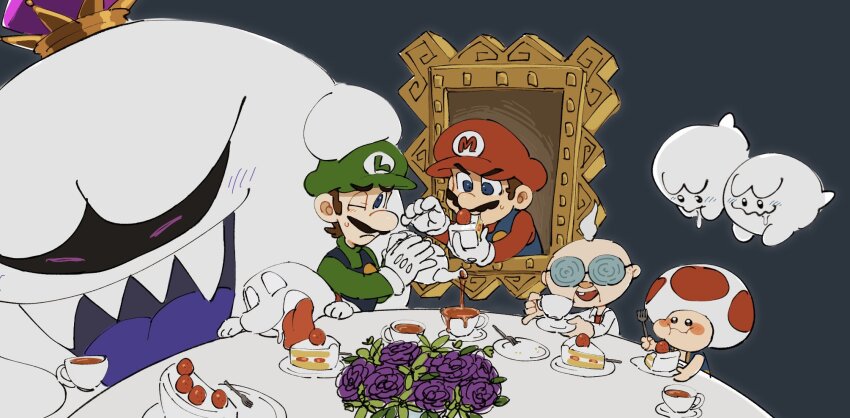 4boys blue_overalls boo_(mario) bouquet brown_footwear brown_hair cake cupcake facial_hair flower food ghost glasses gloves green_shirt hat highres king_boo luigi luigi&#039;s_mansion luigi&#039;s_mansion:_dark_moon male_focus mario mario_(series) mimimi_(mimimim9999) multiple_boys mustache nintendo overalls polterpup professor_elvin_gadd shirt short_hair tail toad_(mario) white_gloves