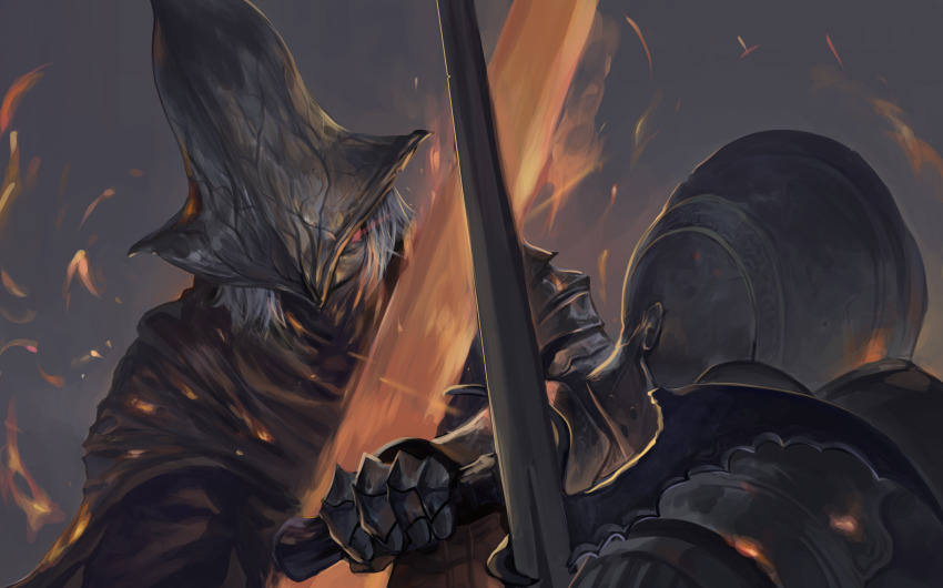 2others abyss_watcher armor ashen_one_(dark_souls) black_sclera brown_cape cape colored_sclera commentary_request crossed_swords dark_souls_(series) dark_souls_iii dokomon duel embers fire flaming_sword flaming_weapon full_armor gauntlets grey_hair highres holding holding_sword holding_weapon knight korean_commentary looking_at_another multiple_others short_hair sword upper_body weapon