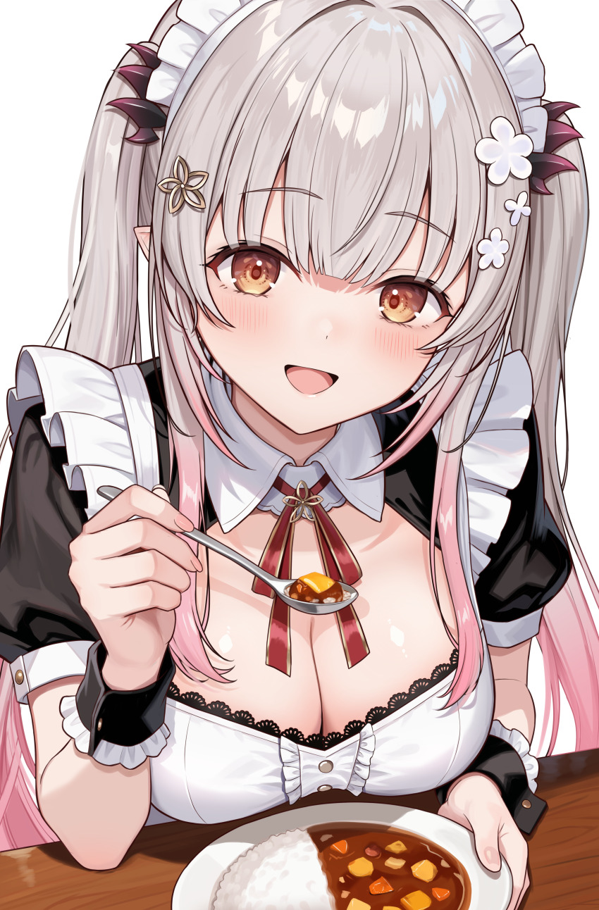 1girl absurdres alternate_costume apron black_dress blunt_bangs blush breasts center_frills cleavage cleavage_cutout clothing_cutout commentary_request curry curry_rice daysss demon_girl demon_horns dress enmaided flower food frills gradient_hair grey_hair hair_flower hair_ornament highres holding holding_spoon horns indie_virtual_youtuber large_breasts long_hair looking_at_viewer maid maid_headdress multicolored_hair open_mouth orange_eyes pink_hair pointy_ears red_horns rice sidelocks simple_background smile solo spoon suou_patra transparent_background twintails upper_body virtual_youtuber white_flower wrist_cuffs