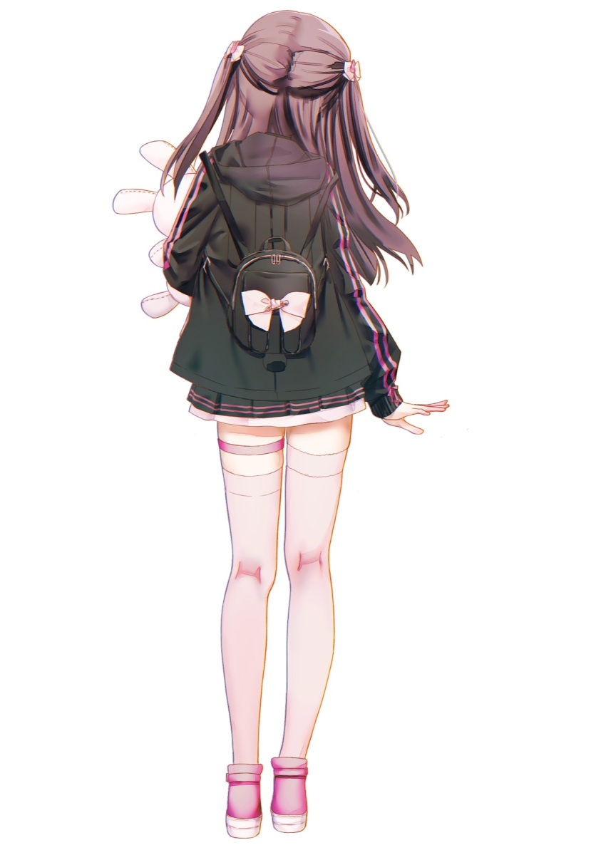 1girl arm_at_side backpack bag black_bag black_jacket black_skirt bow brown_hair commentary from_behind full_body hair_bow highres holding holding_stuffed_toy hood hood_down hooded_jacket jacket jirai_kei long_hair long_sleeves miniskirt natsuoto_rito original pink_shoes pleated_skirt purple_thighhighs shoes simple_background skirt sleeves_past_wrists standing stuffed_animal stuffed_rabbit stuffed_toy tachi-e thighhighs two_side_up white_background white_bow zettai_ryouiki