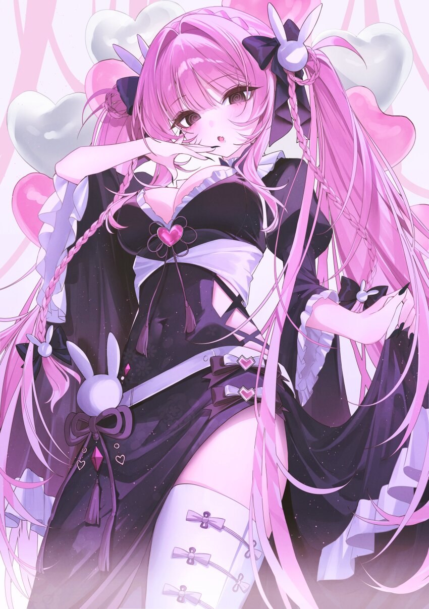 1girl @_@ absurdres balloon black_bow black_eyes black_nails blush bow braid breasts commentary cowboy_shot dress fingernails frilled_dress frills from_below ggatip hair_between_eyes hair_ornament hand_up heart heart_balloon heart_ornament highres large_breasts long_hair looking_at_viewer original parted_lips pink_hair rabbit_hair_ornament rabbit_ornament sharp_fingernails skirt_hold solo symbol-only_commentary thighhighs thighs very_long_hair white_thighhighs