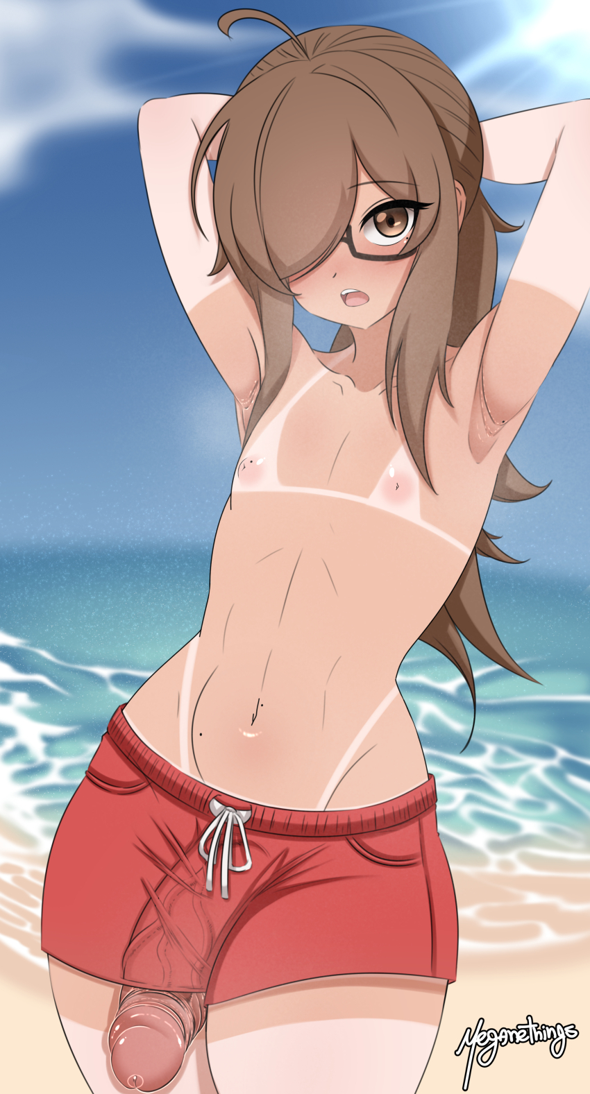1boy absurdres ahoge armpits arms_behind_head arms_up artist_name beach blue_sky blurry blurry_background blush brown_eyes brown_hair collarbone commentary cowboy_shot day english_commentary glasses hair_over_one_eye highres large_penis long_hair looking_at_viewer male_swimwear meganethings mole mole_on_armpit mole_on_nipple mole_on_stomach mole_under_eye multiple_moles navel nipples ocean one_eye_covered open_mouth original outdoors parted_bangs penis precum red_male_swimwear red_swim_trunks semi-rimless_eyewear sky solo standing swim_trunks tan tanline teeth trap under-rim_eyewear upper_teeth_only veins veiny_penis