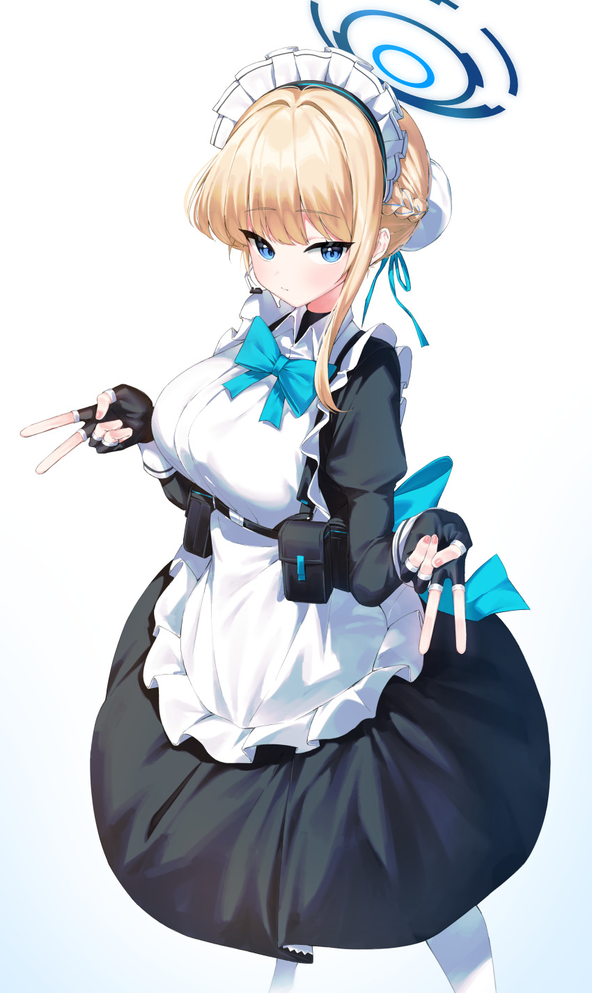 1girl absurdres apron black_gloves blonde_hair blue_archive blue_bow blue_eyes blue_halo blue_ribbon blush bow braid closed_mouth cobe expressionless fingerless_gloves gloves hair_bun hair_ribbon halo highres long_hair maid maid_apron maid_headdress ribbon socks solo toki_(blue_archive) white_apron white_socks