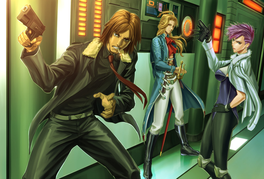 1girl blonde_hair breasts commentary_request doll_(saga_frontier) fuse_(saga_frontier) gloves kuroppu_66 long_hair multiple_boys pantyhose saga saga_frontier short_hair silence_(saga_frontier)
