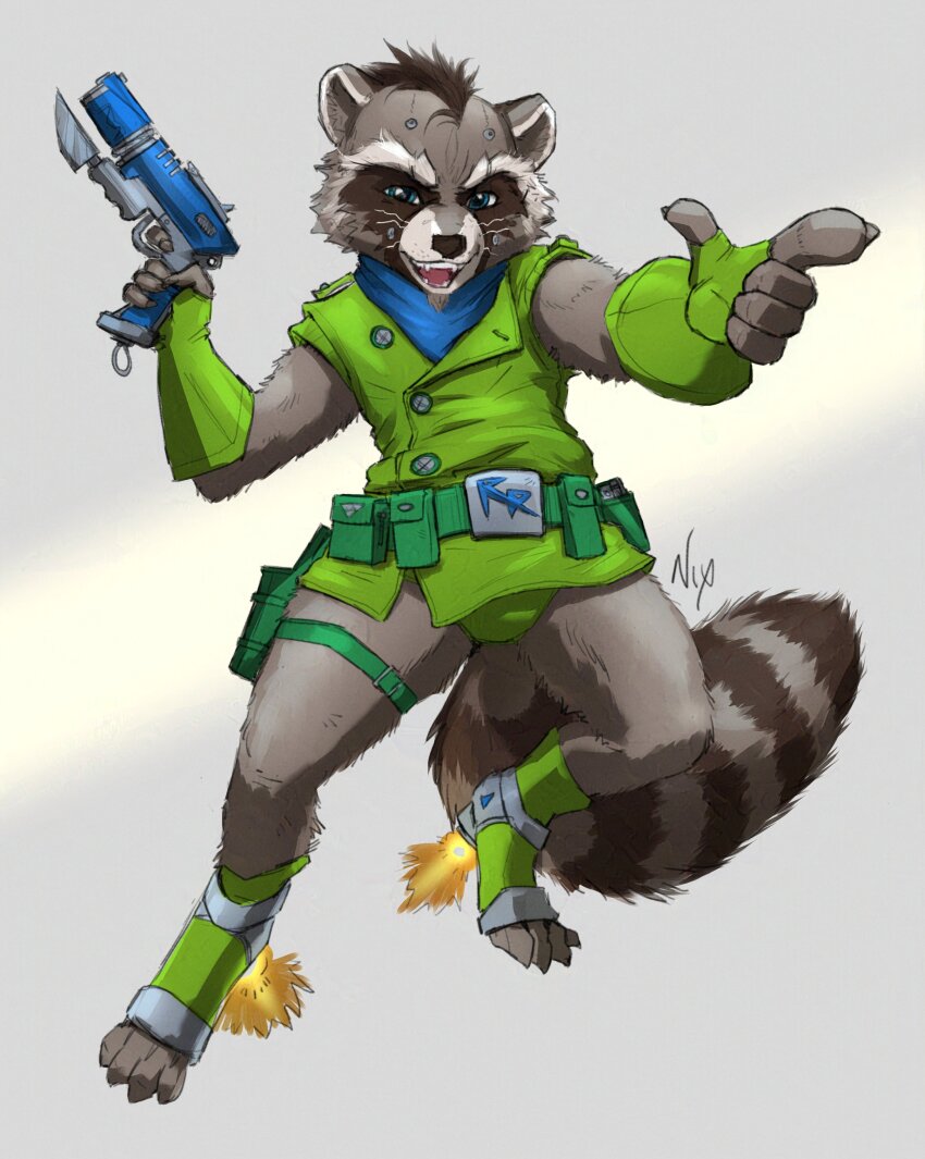1boy absurdres animal_ears artist_name blue_eyes blue_neckerchief claws fangs fingerless_gloves furry furry_male gloves green_gloves grey_background gun highres holding holding_gun holding_weapon looking_at_viewer male_focus marvel mystic_nix_art neckerchief open_mouth raccoon_boy raccoon_ears raccoon_tail rocket_raccoon shirt sleeveless sleeveless_shirt smile tail weapon whiskers