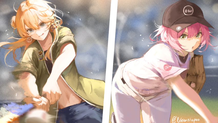 2girls :o :q bandeau baseball baseball_bat baseball_cap baseball_glove black_bandeau black_hat blonde_hair blue_pants blurry blurry_background chloe_(corsace) closed_mouth commentary contest_winner corsace english_commentary green_eyes green_jacket grey_eyes hair_between_eyes hair_bun hat highres holding holding_baseball_bat jacket leaning_forward leeian long_hair multiple_girls navel open_clothes open_jacket osu! pants parted_lips pink_hair pippi_(osu!) pitching second-party_source shirt short-sleeved_jacket short_hair short_sleeves single_side_bun smile stomach tongue tongue_out twitter_username v-shaped_eyebrows white_pants white_shirt