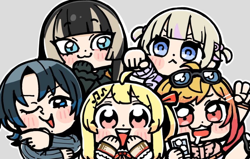 5girls :3 ahoge bkub black_hair blonde_hair blue_eyes blue_hair clenched_hand cup eyewear_on_head fortissimo hair_ornament hiodoshi_ao hiodoshi_ao_(1st_costume) holding holding_cup hololive hololive_dev_is ichijou_ririka ichijou_ririka_(1st_costume) juufuutei_raden juufuutei_raden_(1st_costume) mole mole_under_mouth multicolored_hair multiple_girls musical_note musical_note_hair_ornament one_eye_closed one_side_up orange_hair otonose_kanade otonose_kanade_(1st_costume) purple_eyes red_eyes regloss_(hololive) saliva todoroki_hajime todoroki_hajime_(1st_costume) two-tone_hair two_side_up virtual_youtuber