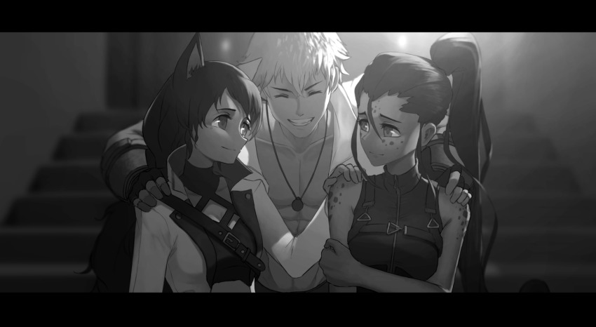 1boy 2girls abs animal_ears arm_under_breasts belt belt_buckle blake_belladonna bodysuit breasts buckle cat_ears cat_girl closed_eyes closed_mouth collarbone dishwasher1910 eye_contact facing_another facing_viewer faunus_(rwby) fingerless_gloves gloves greyscale grin hair_between_eyes hands_on_another&#039;s_shoulders hands_up happy high_ponytail highres holding holding_own_arm ilia_amitola jacket jewelry long_hair long_sleeves looking_at_another medium_breasts monochrome multiple_girls muscular muscular_male necklace open_clothes open_jacket open_shirt parted_lips pectorals ponytail rwby shirt short_hair sleeveless smile spots stairs standing sun_wukong_(rwby) upper_body