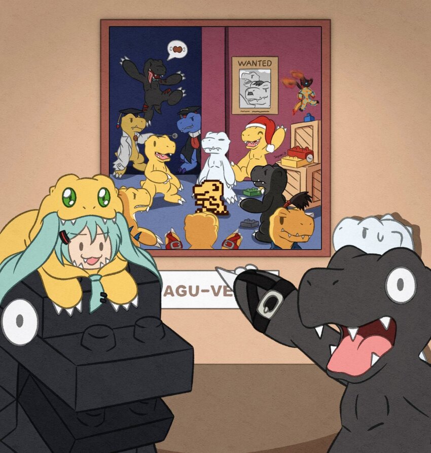 agumon agumon_(black) agumon_(black)_(digimon_savers) agumon_(black)_x-antibody agumon_(cosplay) agumon_(digimon_savers) agumon_-yuki_no_kizuna- agumon_hakase agumon_x-antibody belt bushiagumon clearagumon cosplay digimon fang fangs hat hatsune_miku highres meme nise_agumon_hakase pointing pointing_at_another pointing_spider-man_(meme) santaagumon sayuri_d_(liliana86973943) sharp_teeth teeth toyagumon toyagumon_(black) vocaloid yukiagumon_(digimon_savers)