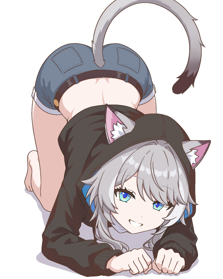 1girl animal_ear_fluff animal_ears ass bare_legs barefoot belt black_belt blue_eyes cat_ears cat_tail cipher_(honkai:_star_rail) commentary crop_top cropped_hoodie denim denim_shorts english_commentary grey_hair grin highres honkai:_star_rail honkai_(series) hood hoodie long_sleeves looking_at_viewer midriff prickly-chan_(ycactussprout) short_shorts shorts smile solo tail thighs