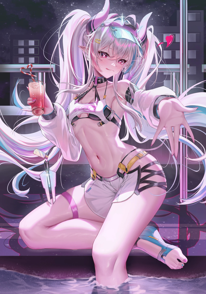 1girl absurdres armpits bare_shoulders barefoot belt bikini black_bikini black_choker blue_nails blue_streaks blue_trim blush breasts building chinese_commentary choker closed_mouth collarbone commentary_request crazy_straw criss-cross_straps crossed_bangs cup detached_sleeves drinking_glass drinking_straw feet fingernails floating_hair glint hair_between_eyes heart heart_straw highres holding holding_cup horizontal_pupils horns jetavie:_daybreak_(pgr) jetavie_(pgr) juice kordilia layered_bikini legs licking_lips long_fingernails long_hair long_sleeves looking_at_viewer mechanical_tail medium_breasts mismatched_pupils multicolored_hair nail_polish navel night night_sky official_alternate_costume open_hand outdoors outstretched_arm pink_eyes pink_horns pink_nails pink_streaks pointy_ears pole pool poolside punishing:_gray_raven railing shorts sitting sky soaking_feet solo star_(sky) starry_sky stomach swimsuit symbol-shaped_pupils tail thigh_strap thighs toenail_polish toenails toes tongue tongue_out twintails very_long_hair visor_cap water wet white_hair white_shorts x-shaped_pupils yellow_belt