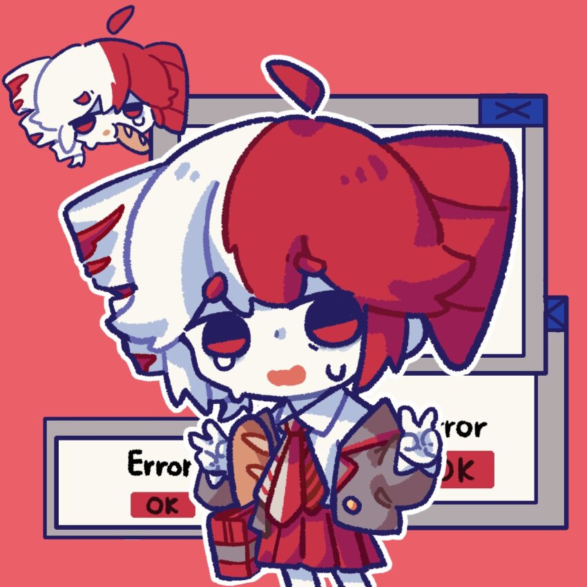 1girl ahoge alternate_costume alternate_hair_color baguette bread brown_jacket chibi chibi_only collared_shirt cowboy_shot cropped_head crying crying_with_eyes_open detached_ahoge double_v drill_hair dual_persona error_message food highres jacket kasane_teto long_sleeves miniskirt moochaakaka mouth_hold narenai_(synthesizer_v) necktie open_clothes open_jacket open_mouth pleated_skirt red_background red_eyes red_hair red_necktie red_skirt shirt simple_background skirt three-quarter_sleeves tears twin_drills utau v white_hair white_shirt wing_collar