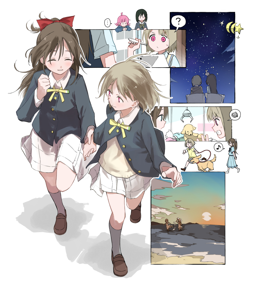 ... 4girls ? absurdres black_jacket blue_dress blue_eyes blush bow brown_hair clenched_teeth closed_eyes collared_shirt crane_game dress eighth_note evening hair_between_eyes hair_bow haruruhaharur highres holding holding_hands holding_leash holding_stylus jacket leash loafers long_hair looking_back love_live! love_live!_nijigasaki_high_school_idol_club mifune_shioriko multiple_girls multiple_views musical_note nakasu_kasumi neck_ribbon nijigasaki_school_uniform ophelia_(love_live!) osaka_shizuku pet_walking plaid_clothes plaid_skirt pleated_skirt pointing pointing_up red_bow red_eyes ribbon running school_uniform shirt shoes short_hair sidelocks skirt sky smile spoken_ellipsis spoken_musical_note spoken_question_mark spoken_squiggle squiggle star_(sky) starry_sky stylus sweater tablet_pc teeth tennoji_rina wading walking white_background white_shirt winter_uniform yellow_ribbon yellow_sweater yuri