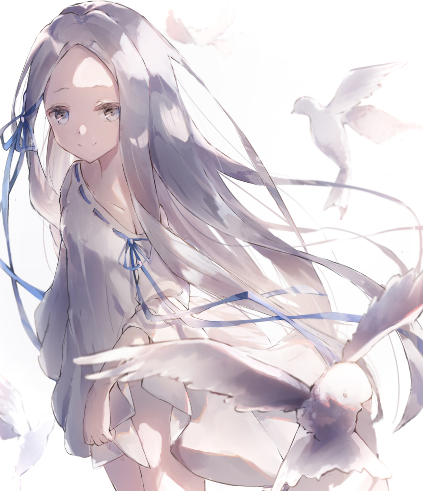 1girl animal anzu_(v0_0v_o0) bird blue_eyes blue_ribbon breasts closed_mouth collarbone commentary dove dress feathers grey_hair hair_ribbon highres long_hair looking_to_the_side off_shoulder pandora_(re:zero) parted_bangs re:zero_kara_hajimeru_isekai_seikatsu ribbon ribbon-trimmed_dress ribbon_trim simple_background single_bare_shoulder skirt_hold small_breasts smile solo standing very_long_hair white_background white_bird white_dress white_feathers wind