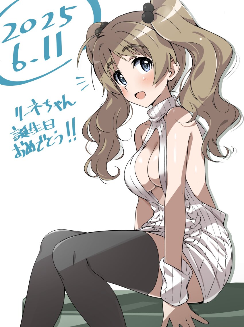 1girl absurdres alternate_costume alternate_hairstyle black_thighhighs blue_eyes blush breasts brown_hair dress highres large_breasts long_hair looking_at_viewer lynette_bishop open_mouth simple_background sitting solo strike_witches thighhighs tokiani translation_request twintails white_background white_dress world_witches_series