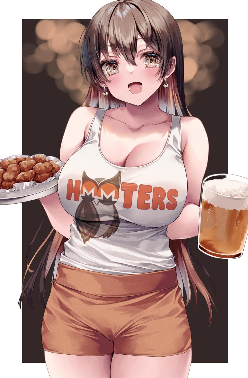 1girl absurdres alcohol bare_shoulders beer beer_mug breasts brown_eyes brown_hair cleavage cup drink earrings food highres hime_gyo holding holding_food hooters jewelry large_breasts long_hair looking_at_viewer monero-chan mug open_mouth original plate second-party_source smile solo tray waitress