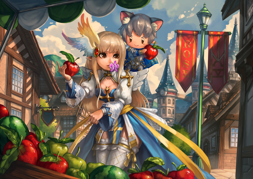 1boy 1girl absurdres animal_ear_fluff animal_ears apple arch_bishop_(ragnarok_online) armor banner blonde_hair blue_dress blue_sky blush breastplate breasts brown_eyes cat_boy cat_ears city cleavage cleavage_cutout clock clock_tower closed_mouth clothing_cutout cloud commentary commission cowboy_shot cross day dress english_commentary fishnet_thighhighs fishnets flower flower_in_mouth food frilled_thighhighs frills fruit grey_hair head_wings highres juliet_sleeves lamppost large_breasts leaning_forward long_hair long_sleeves market_stall on_shoulder open_mouth outdoors pointy_ears puffy_sleeves ragnarok_online royal_guard_(ragnarok_online) sa-dui sash short_hair sky smile thighhighs tower two-tone_dress watermelon white_dress white_thighhighs white_wings wings yellow_sash