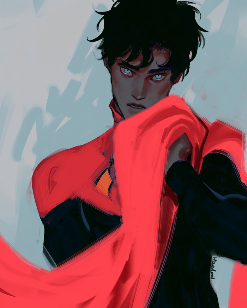 1boy absurdres arm_up black_hair blue_eyes cape commentary dc_comics english_commentary hair_between_eyes highres holding holding_unworn_cape holding_unworn_clothes hue_dmmi jonathan_kent looking_at_viewer male_focus parted_lips red_cape solo superman_(series) tumblr_username unworn_cape upper_body