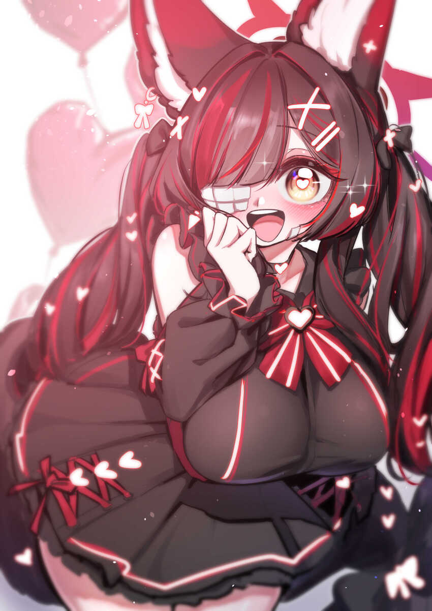 1girl absurdres animal_ear_fluff animal_ears balloon bandage_over_one_eye black_skirt blue_archive blush bow breasts fox_ears fox_girl hair_ornament halo hand_on_own_face heart heart-shaped_pupils heart_balloon highres jirai_kei large_breasts long_hair looking_at_viewer open_mouth pleated_skirt shirt skirt solo symbol-shaped_pupils twintails wakamo_(blue_archive) yabby yellow_eyes