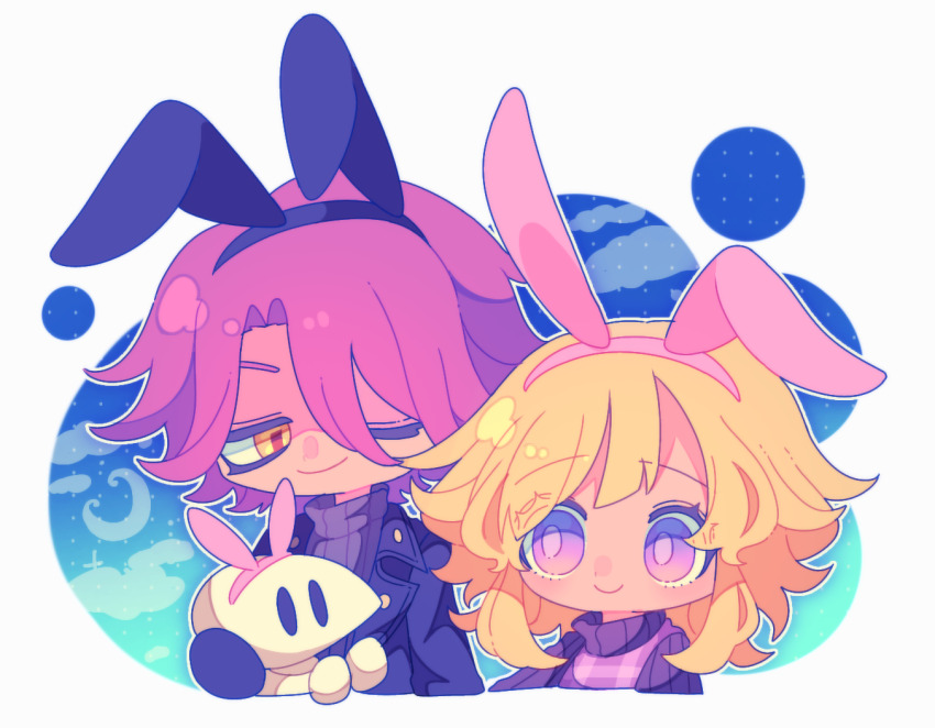 1boy 1girl animal_ears black_hairband black_jacket black_sweater blonde_hair character_request chibi chibi_only closed_mouth fake_animal_ears grey_sweater hairband jacket looking_at_another medium_hair ohamihaeru one_eye_closed open_clothes open_jacket pink_hair pink_hairband plaid_clothes plaid_sweater_vest plaid_vest purple_eyes purple_sweater_vest rabbit_ears short_hair simple_background smile sweater sweater_vest upper_body urotsuki vest white_background yellow_eyes yume_2kki