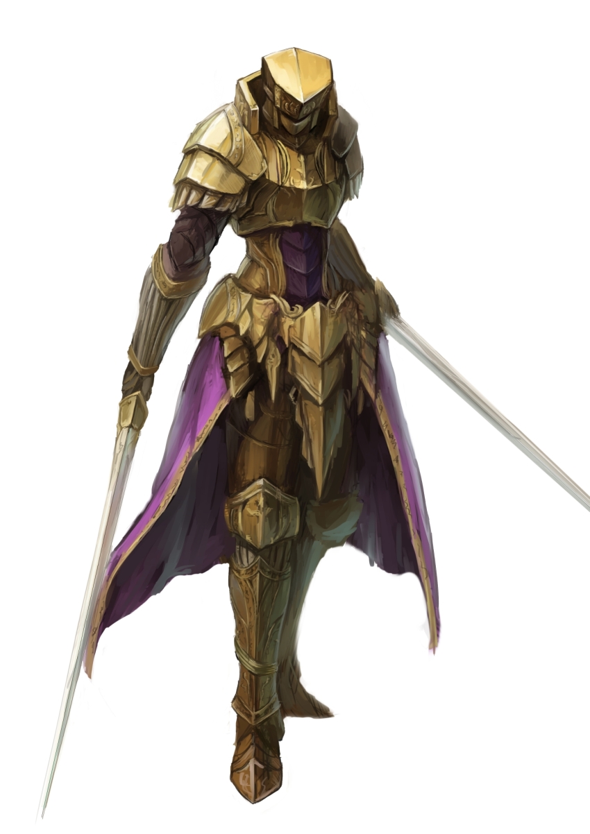 1boy armor dual_wielding gauntlets gold_armor greaves helmet highres holding knight norihiro_(tsu-mukimuki) original simple_background standing white_background