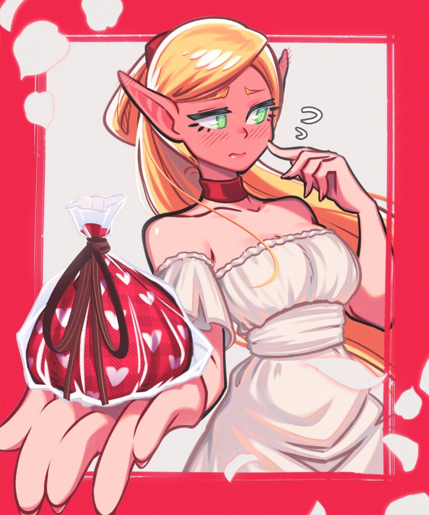 1girl alternate_breast_size bag bare_shoulders blonde_hair blush breasts choker cleavage commentary detached_sleeves dress dungeon_meshi ear_blush flying_sweatdrops foreshortening full-face_blush green_eyes highres holding holding_bag large_breasts loen long_hair marcille_donato petals pointy_ears ponytail red_choker solo strapless strapless_dress upper_body very_long_hair white_dress