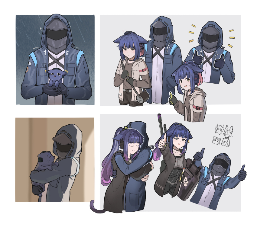 1girl 1other absurdres animal animal_ears animalization arknights black_coat black_gloves brown_sweater cat closed_eyes closed_mouth coat collarbone commentary crying crying_with_eyes_open doctor_(arknights) double_thumbs_up elysiium english_commentary gloves gradient_hair green_eyes grey_jacket hand_on_another&#039;s_head headpat headset highres holding holding_animal hood hood_down hood_up hooded_coat hooded_jacket hug jacket jessica_(arknights) layered_sleeves long_hair long_sleeves looking_at_viewer multicolored_hair multiple_views notice_lines open_clothes open_coat open_jacket open_mouth pink_hair purple_cat purple_hair rain short_hair short_over_long_sleeves short_sleeves smile strap sweatdrop sweater tears thumbs_up water wet