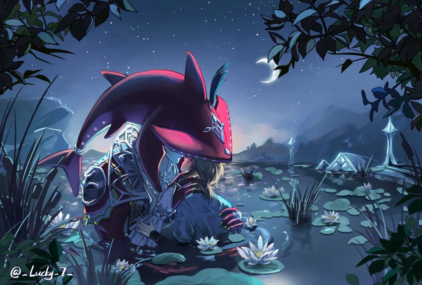 2boys armor ascot blue_tunic bridal_gauntlets colored_skin covered_eyes crescent_moon fingernails fins fish_boy flower grass hand_on_another&#039;s_arm hand_on_another&#039;s_shoulder head_fins headpiece highres imminent_kiss interspecies jewelry leaf lily_pad link lotus male_focus moon mountain multiple_boys na_nako necklace night night_sky nintendo outdoors partially_submerged pauldrons plant plume ponytail red_skin sharp_fingernails short_ponytail short_sleeves shoulder_armor sidon sky star_(sky) starry_sky the_legend_of_zelda the_legend_of_zelda:_breath_of_the_wild tree tunic water white_ascot white_bridal_gauntlets white_flower yaoi zora
