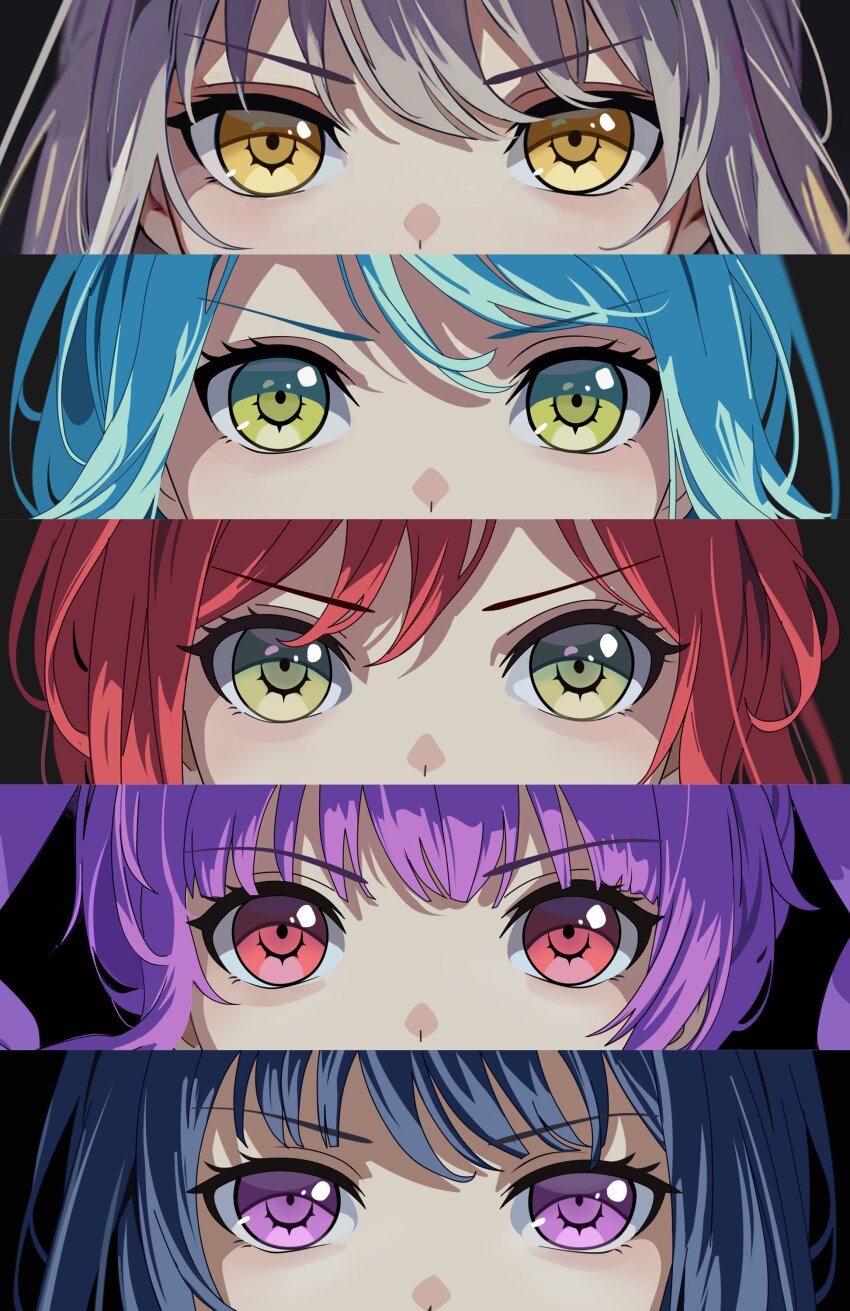 5girls absurdres aqua_hair bang_dream! black_hair close-up commentary english_commentary eye_focus fries_vanquisher green_eyes grey_hair highres hikawa_sayo imai_lisa looking_at_viewer minato_yukina multiple_girls persona_eyes purple_eyes purple_hair red_eyes red_hair roselia_(bang_dream!) shirokane_rinko udagawa_ako yellow_eyes