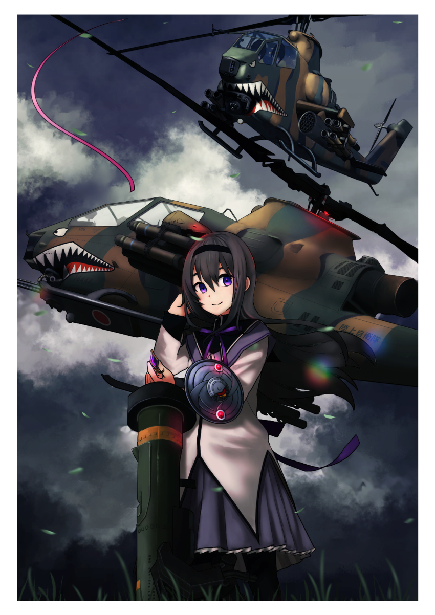 1girl ah-1_cobra aircraft akemi_homura akemi_homura_(magical_girl) attack_helicopter black_hair border camouflage fgm-148_javelin grass helicopter highres japan_air_self-defense_force japan_self-defense_force long_hair long_sleeves mahou_shoujo_madoka_magica mahou_shoujo_madoka_magica_(anime) man-portable_anti-tank_systems military military_vehicle missile_launcher night night_sky nose_art precision-guided_firearm purple_skirt roundel shark_nose_art shirt skirt sky smile solo sunburst timmyyen white_border white_shirt