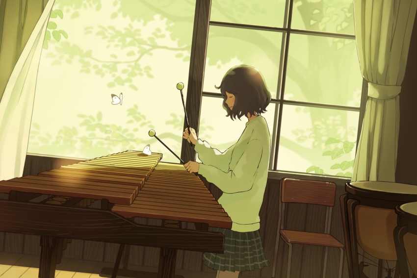 1girl backlighting black_hair bug butterfly chair closed_eyes closed_mouth curtains drum from_side highres indoors insect instrument long_sleeves mallet_(instrument) music open_window original playing_instrument pleated_skirt profile skirt solo standing taizo_(taizo_03) timpani window xylophone