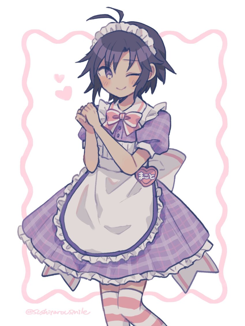 antenna_hair apron black_hair border highres idolmaster idolmaster_(classic) kikuchi_makoto looking_at_viewer maid_apron maid_headdress one_eye_closed parted_bangs pink_border purple_eyes sidelocks simple_background striped_clothes striped_thighhighs sushitarou thighhighs white_background