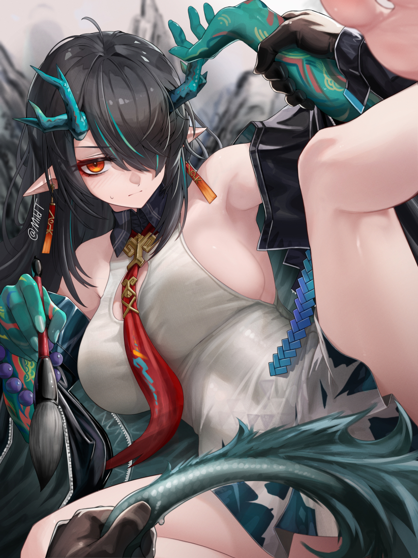 1boy 1girl absurdres arknights bare_legs bare_shoulders black_coat black_gloves black_hair blue_hair blush breasts clothes_pull coat commentary dragon_girl dragon_horns dragon_tail dress dusk_(arknights) english_commentary expressionless eyeshadow from_above gloves grabbing_another&#039;s_arm grabbing_another&#039;s_tail green_hair hair_over_one_eye hetero highres horns jacket jacket_pull large_breasts leg_up long_hair looking_at_viewer looking_up lying makeup medium_breasts mildt multicolored_hair necktie no_bra on_back open_clothes open_coat paid_reward_available red_eyes red_eyeshadow red_necktie sideboob sleeveless sleeveless_dress solo_focus spread_legs staring streaked_hair tail thighs two-tone_hair very_long_hair white_dress