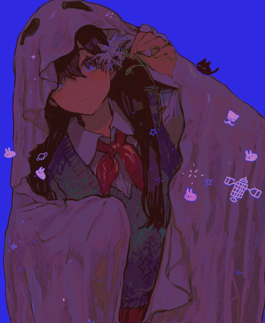 1girl black_eyes black_hair blue_background closed_mouth collared_shirt expressionless ghost_costume hasu_art highres long_hair looking_at_viewer mari_(faraway)_(omori) mari_(omori) mewo neckerchief omori red_neckerchief red_skirt shirt simple_background skirt snaley_(omori) solo space_bunny_(omori)