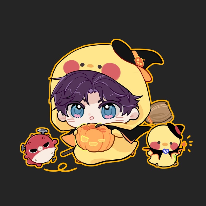 1boy :o animal_costume bird black_background black_hat blush broom cape chibi chicken chicken_costume fish full_body hat holding holding_pumpkin holding_wand looking_at_viewer love_and_deepspace male_focus meiyouren2333 multicolored_eyes open_mouth parted_bangs puffer_fish pumpkin purple_hair rafayel_(love_and_deepspace) short_hair simple_background solo two-sided_cape two-sided_fabric two-tone_eyes wand witch_hat