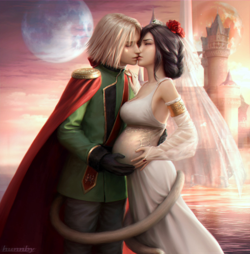 1boy 1girl alternate_costume alternate_hairstyle blonde_hair blue_moon brown_hair cape castle commission couple crown final_fantasy final_fantasy_ix flower flower_on_head garnet_til_alexandros_xvii hetero highres honeybunny-art kiss monkey_tail moon pregnant red_moon tail veil zidane_tribal