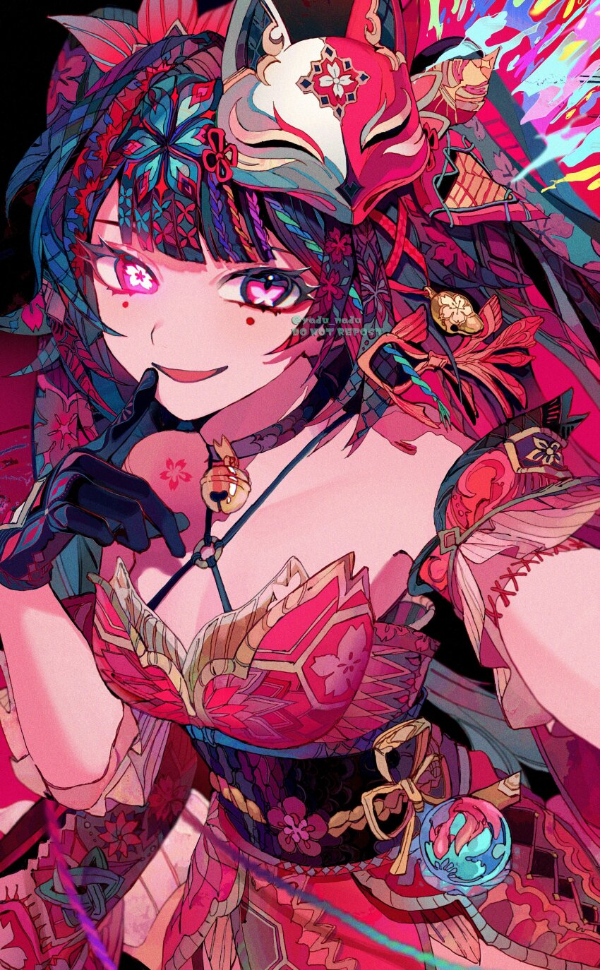 1girl absurdres bell choker commentary dress fox_mask gloves highres honkai:_star_rail honkai_(series) long_hair looking_at_viewer mask mask_on_head open_mouth pink_eyes smile solo sparkle_(honkai:_star_rail) translation_request twintails yadu_nadu