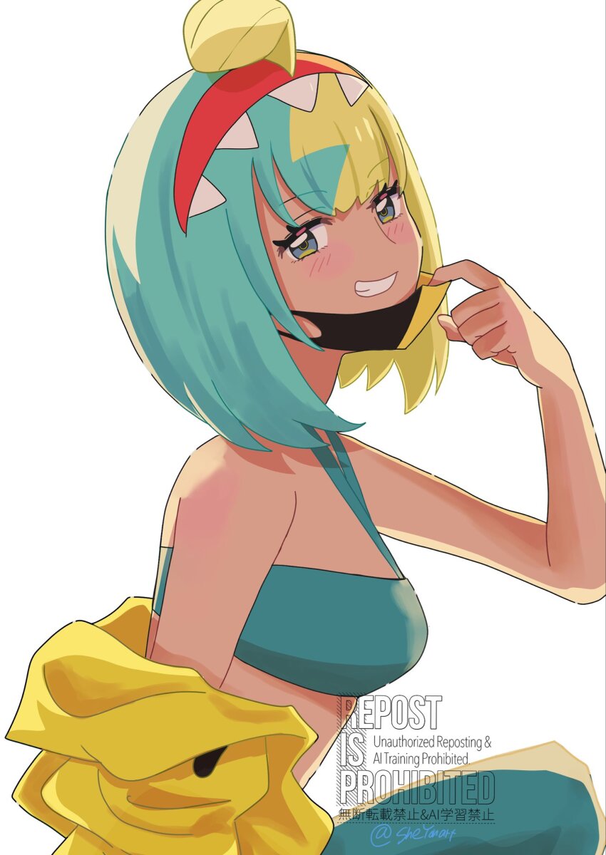 1girl aqua_bandeau aqua_hair bandeau bare_shoulders black_mask blonde_hair blue_bandeau blue_eyes blush bob_cut breasts canari_(pokemon) dark-skinned_female dark_skin from_side grin hair_down hairband halterneck hand_up highres jacket jacket_partially_removed long_sleeves looking_at_viewer mask mask_pull medium_breasts mouth_mask multicolored_hair nintendo open_mouth pokemon pokemon_legends:_z-a red_hairband sheyona smile solo split-color_hair teeth two-tone_hair two-tone_mask yellow_jacket yellow_mask