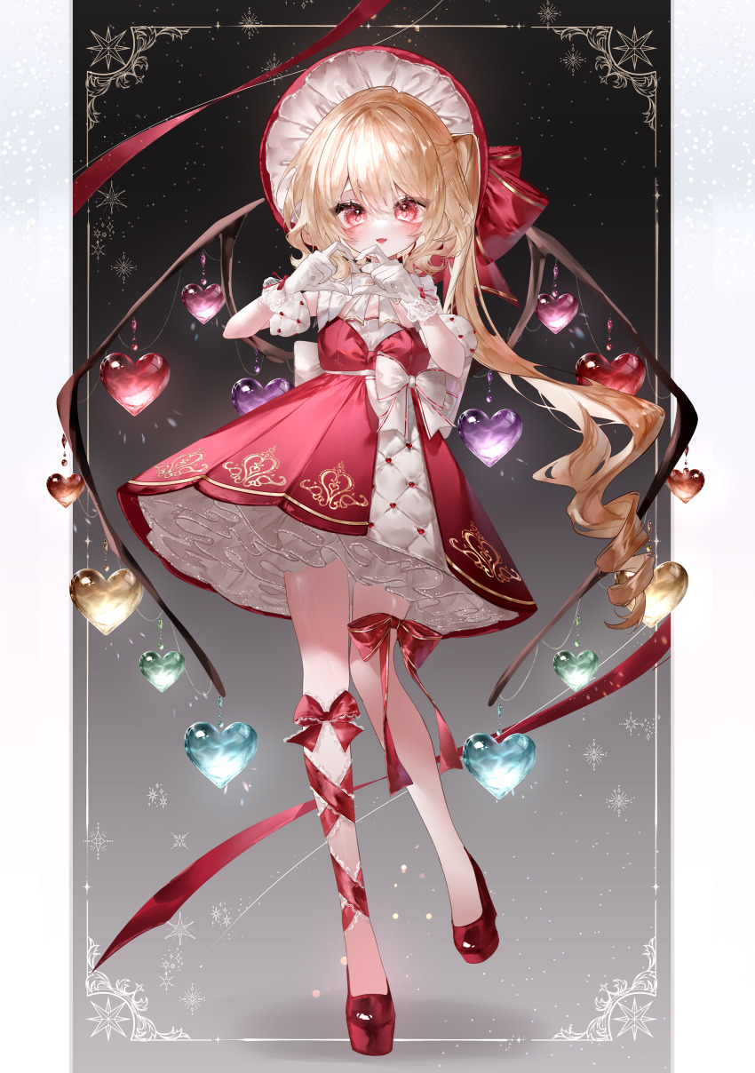 1girl :d absurdres adapted_costume black_background blonde_hair blush bonnet commentary crystal dress drill_hair fang flandre_scarlet full_body gloves gradient_background grey_background heart heart_hands highres leg_ribbon long_hair looking_at_viewer one_side_up open_mouth petticoat red_bonnet red_dress red_eyes red_ribbon red_shoes ribbon shoes smile solo standing standing_on_one_leg touhou very_long_hair white_gloves wings yukia_(yukia_777)
