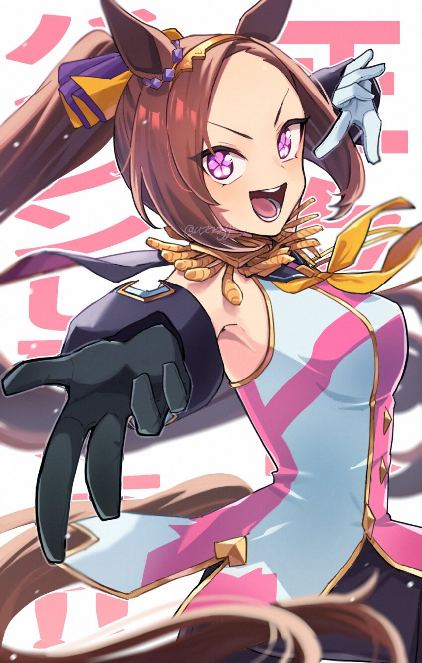 1girl :d animal_ears asymmetrical_gloves black_gloves breasts brown_hair epaulettes flower_in_eye gloves gold_hairband hairband highres horse_ears horse_girl horse_tail long_hair looking_at_viewer medium_breasts mismatched_gloves neckerchief open_mouth ponytail purple_eyes sakura_bakushin_o_(umamusume) sleeveless smile solo symbol_in_eye tail twitter_username umamusume uxxxjf white_gloves yellow_neckerchief