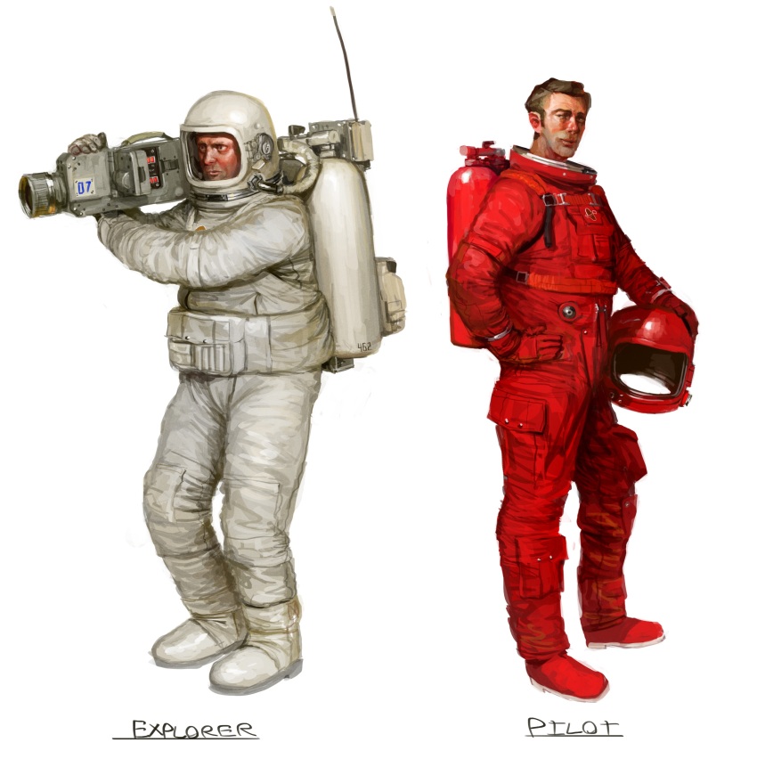 2boys absurdres antennae astronaut camera english_text gas_cylinder helmet highres holding holding_camera lego_minifig lego_space male_focus multiple_boys oxygen_tank spacesuit the_lego_group unworn_headwear unworn_helmet whaleoil