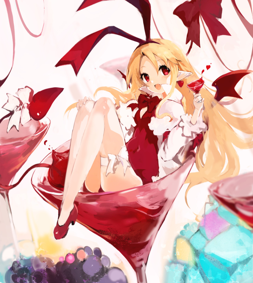 1girl alcohol blonde_hair bow cup demon_girl demon_tail demon_wings disgaea flat_chest flonne flonne_(fallen_angel) food fruit grapes high_heels highres holding holding_cup in_container in_cup kakuwashi leotard long_hair looking_at_viewer open_mouth pointy_ears red_bow red_eyes red_leotard red_ribbon red_wings ribbon sketch smile solo tail tail_bow tail_ornament thighhighs white_thighhighs wine wings