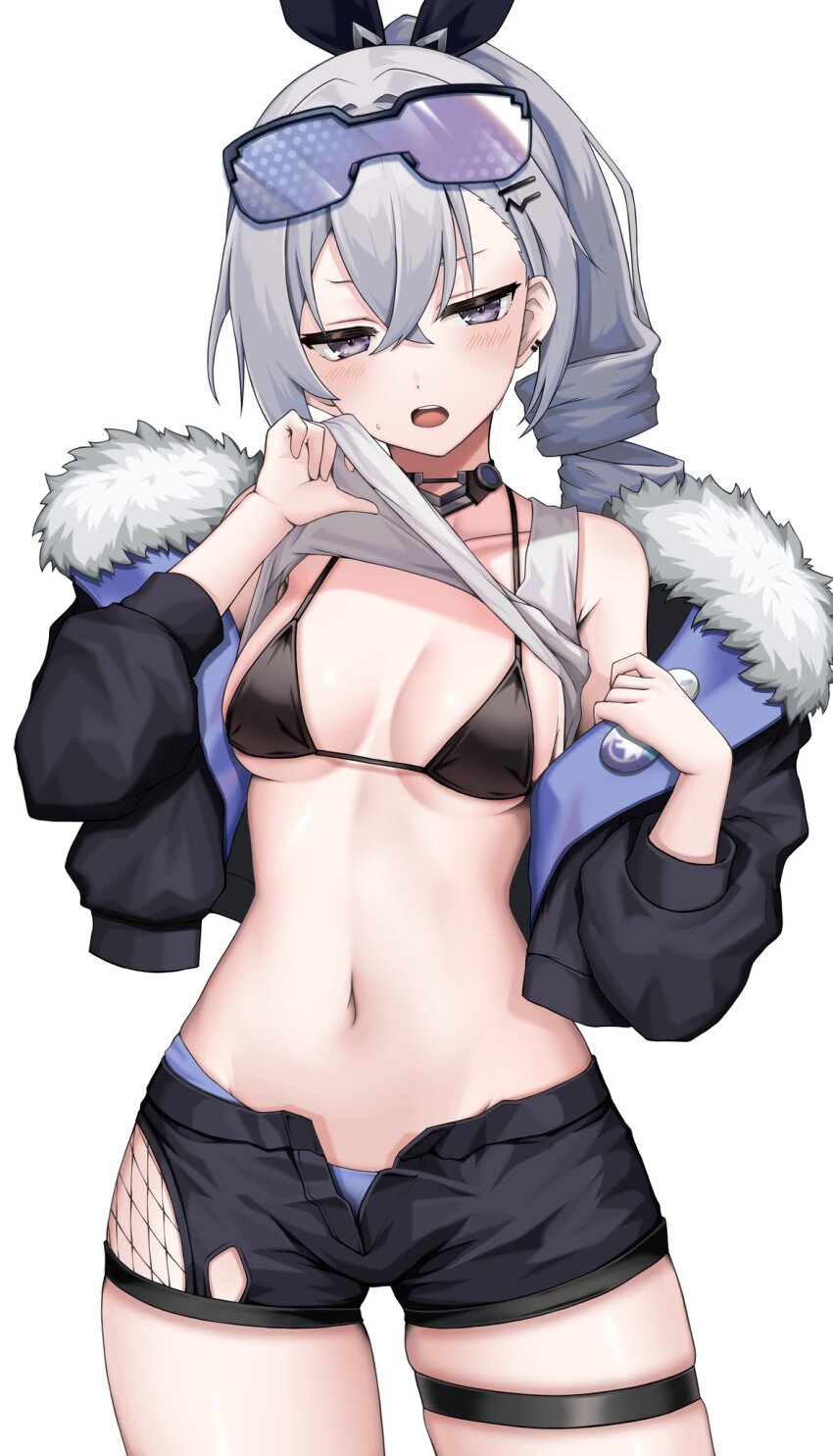 1girl armpit_crease bare_shoulders black_bra black_jacket black_shorts blue_panties blush bra breasts clothes_lift collarbone cowboy_shot cropped_jacket crossed_bangs drill_hair drill_ponytail fur-trimmed_jacket fur_trim grey_eyes grey_hair hair_behind_ear hair_between_eyes highres hip_vent honkai:_star_rail honkai_(series) jacket kushinaka light_blush long_hair looking_at_viewer midriff navel open_fly open_mouth panties shirt shirt_lift short_shorts shorts sideboob silver_wolf_(honkai:_star_rail) simple_background single-shoulder_shirt single_drill skindentation small_breasts solo stomach tank_top teeth thigh_strap three-quarter_sleeves underboob underwear upper_teeth_only white_background white_shirt white_tank_top wiping_sweat wiping_with_clothes