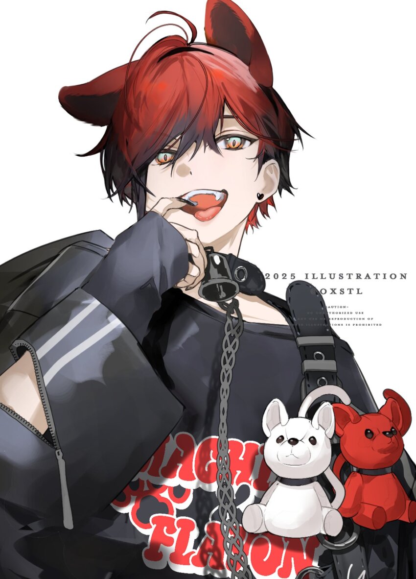 1boy animal_ears black_shirt chain chain_leash collar ear_piercing highres holostars holostars_english leash long_sleeves looking_at_viewer machina_x_flayon male_focus official_alternate_costume open_mouth oversized_clothes piercing red_hair shirt shokuen_(oxstl) short_hair simple_background smile solo stuffed_toy teeth upper_body upper_teeth_only white_background