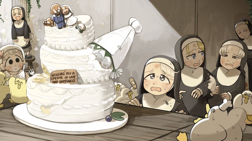 &gt;_&lt; 6+girls @_@ apron baby_animal bandaid bird black_eyes black_hair blonde_hair blue_eyes bouquet bunny_nun_(diva) cake chef_hat chicken closed_eyes commentary diva_(hyxpk) duck duckling english_commentary eyelashes flower food freckles freckles_nun_(diva) grey_eyes grey_hair habit hair_ornament hat highres leaf_nun_(diva) little_nuns_(diva) mole mole_on_cheek mole_under_mouth multiple_girls nervous_sweating nun rabbit_hair_ornament rose slice_of_life smug_nun_(diva) star_nun_(diva) star_ornament strict_nun_(diva) sweat tears traditional_nun waist_apron wedding_cake white_flower white_rose